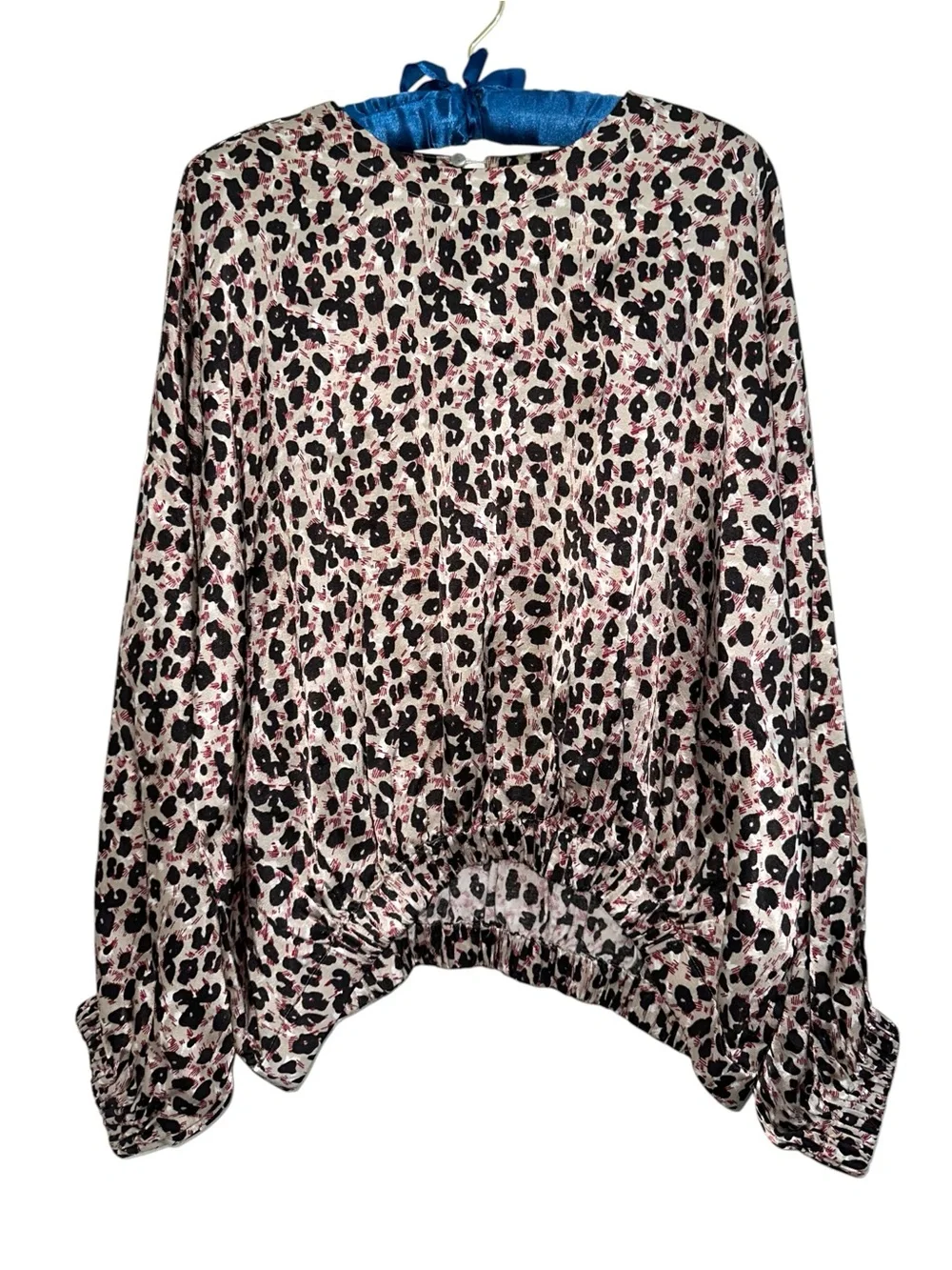 Zara STUDIO Sateen Leopard Print Satin Top Oversized relaxed puff sleeve pink S